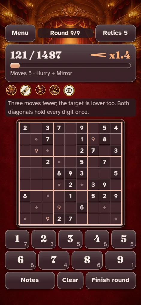 A nine by nine board in the Concert hall world with a banned corner digit