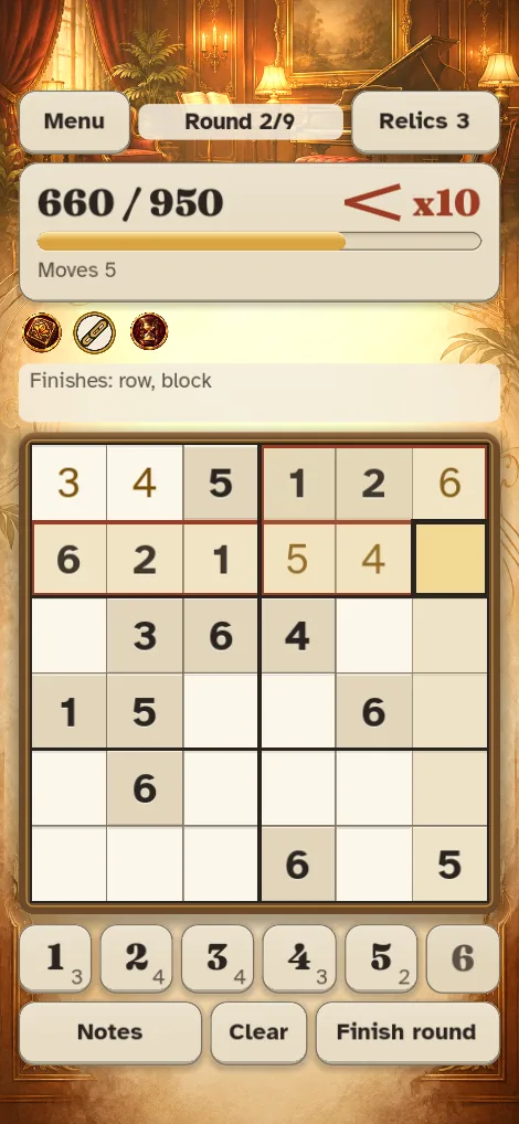 The board screen: a half-filled sudoku, a score and a multiplier of x8.5